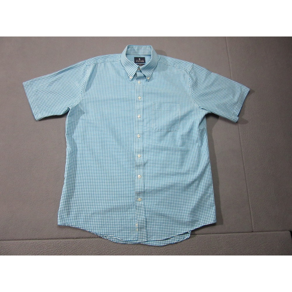 Stafford Shirt Mens XL 16.5 Blue Button Down Gingham Check Wrinkle Free Oxford